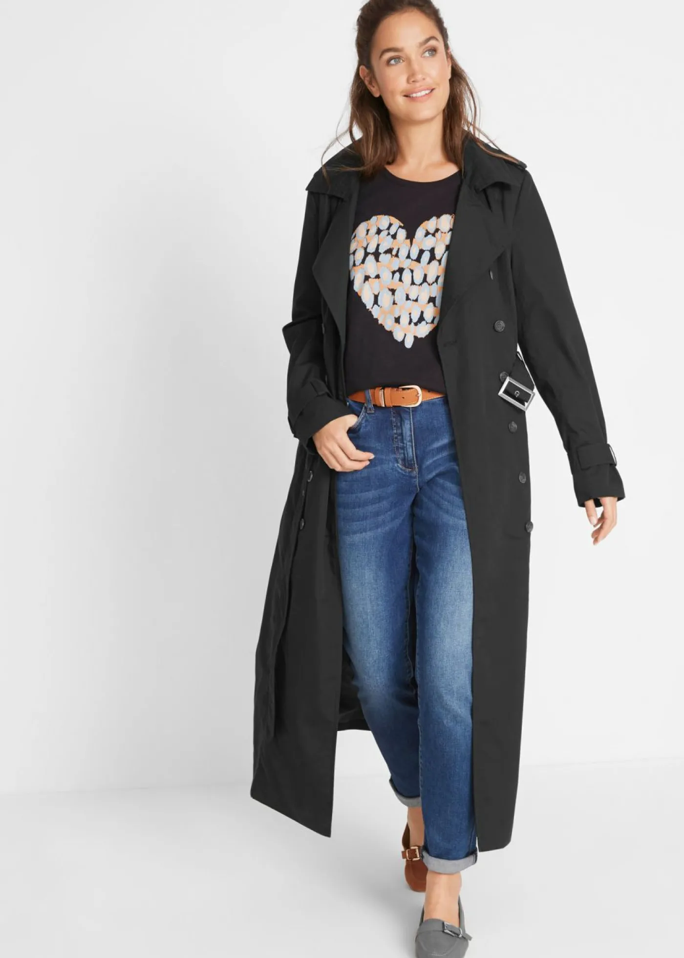 bonprix bonprix Gabardina larga con cinturón Negro Sale