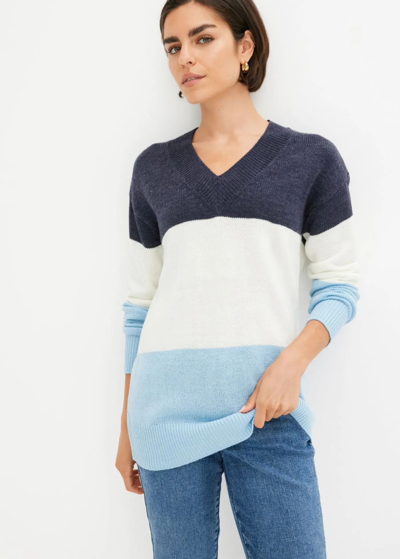 bonprix bonprix Jersey Blanco lana/azul marino/topacio de rayas Discount