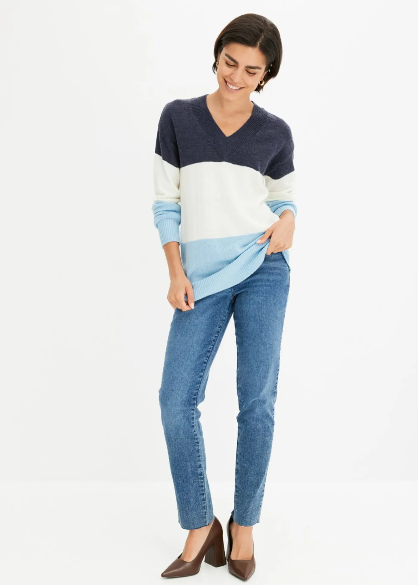 bonprix bonprix Jersey Blanco lana/azul marino/topacio de rayas Discount