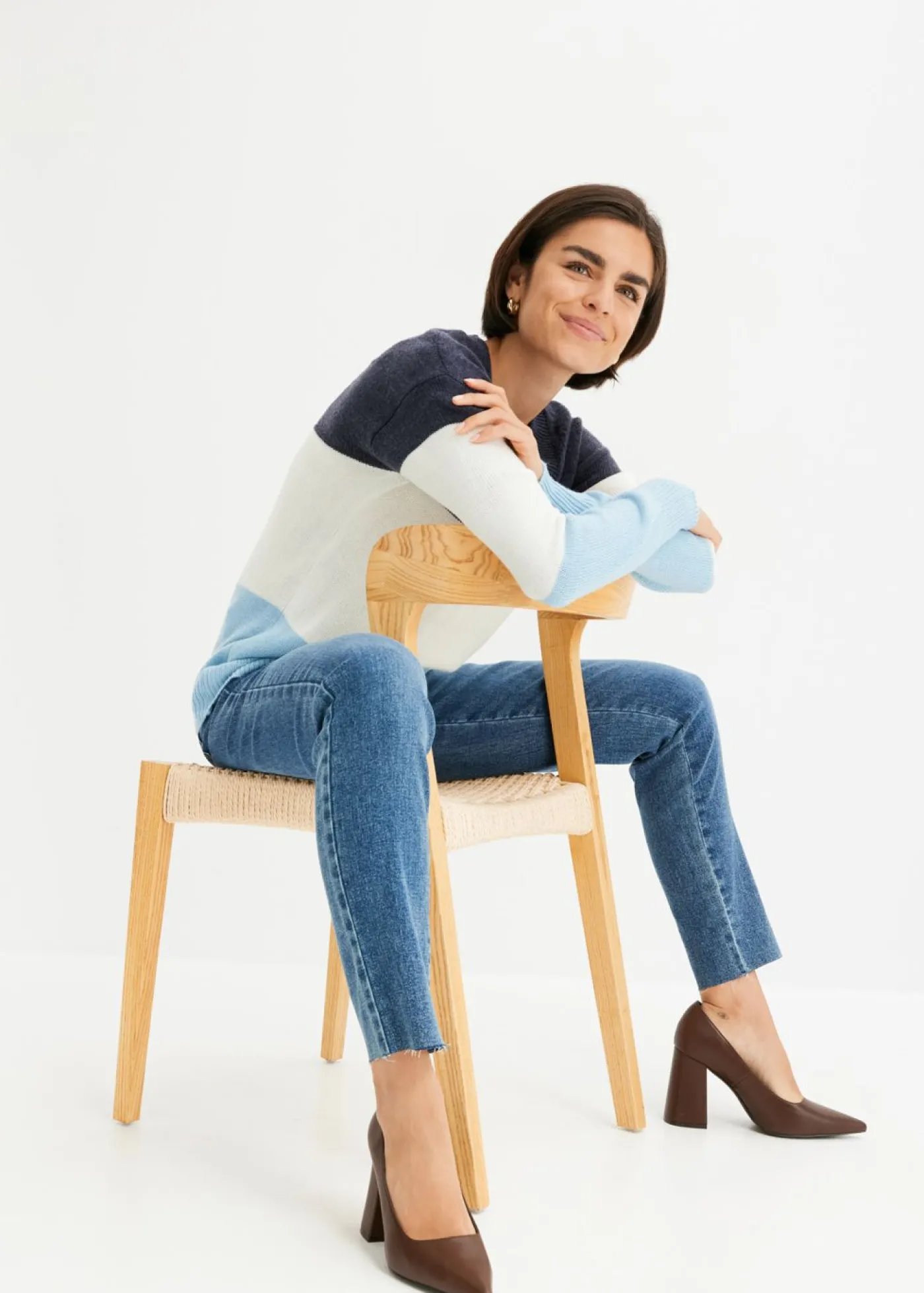 bonprix bonprix Jersey Blanco lana/azul marino/topacio de rayas Discount
