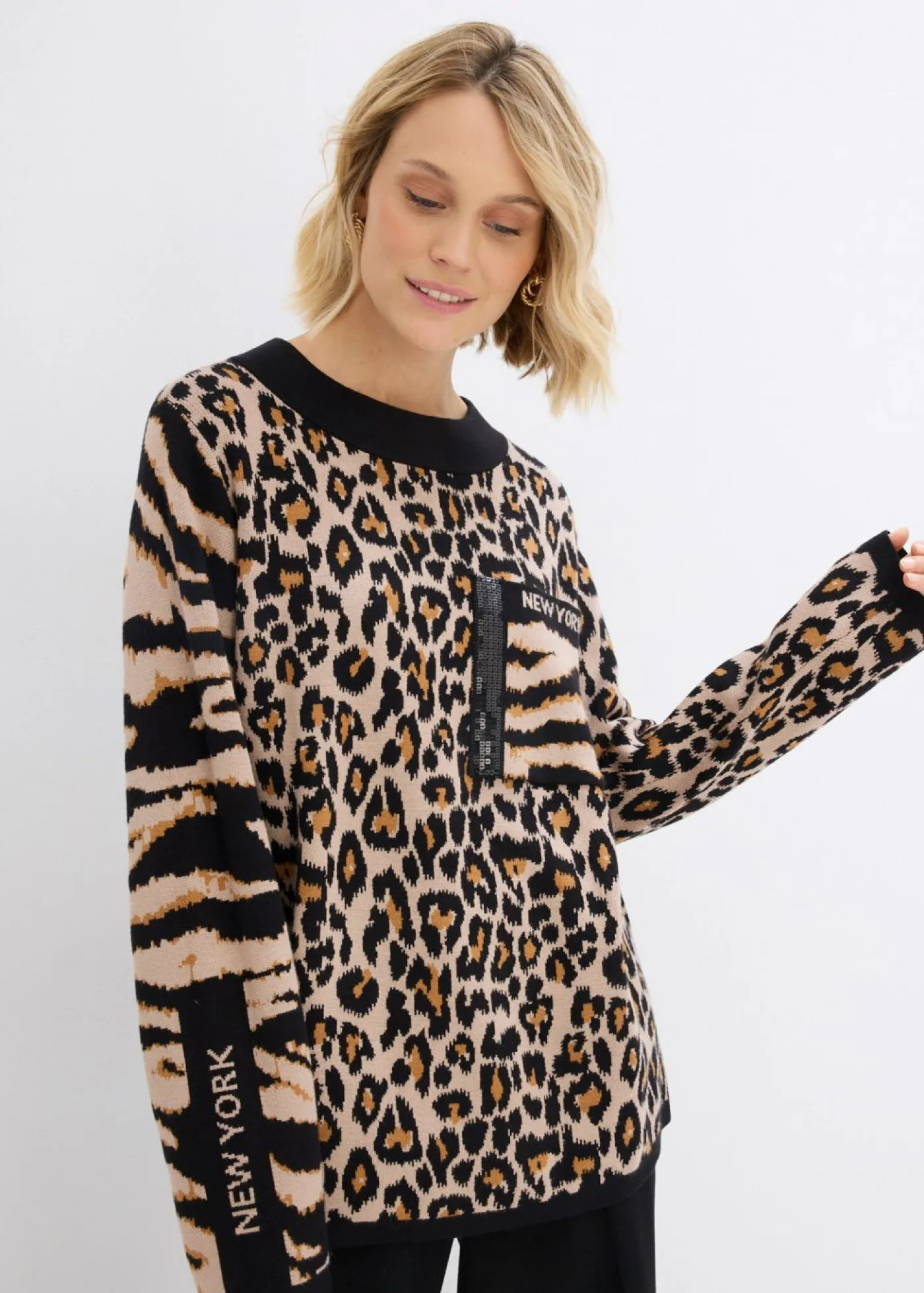 bonprix bonprix Jersey estampado leo beige almendra-marrón-negro Online