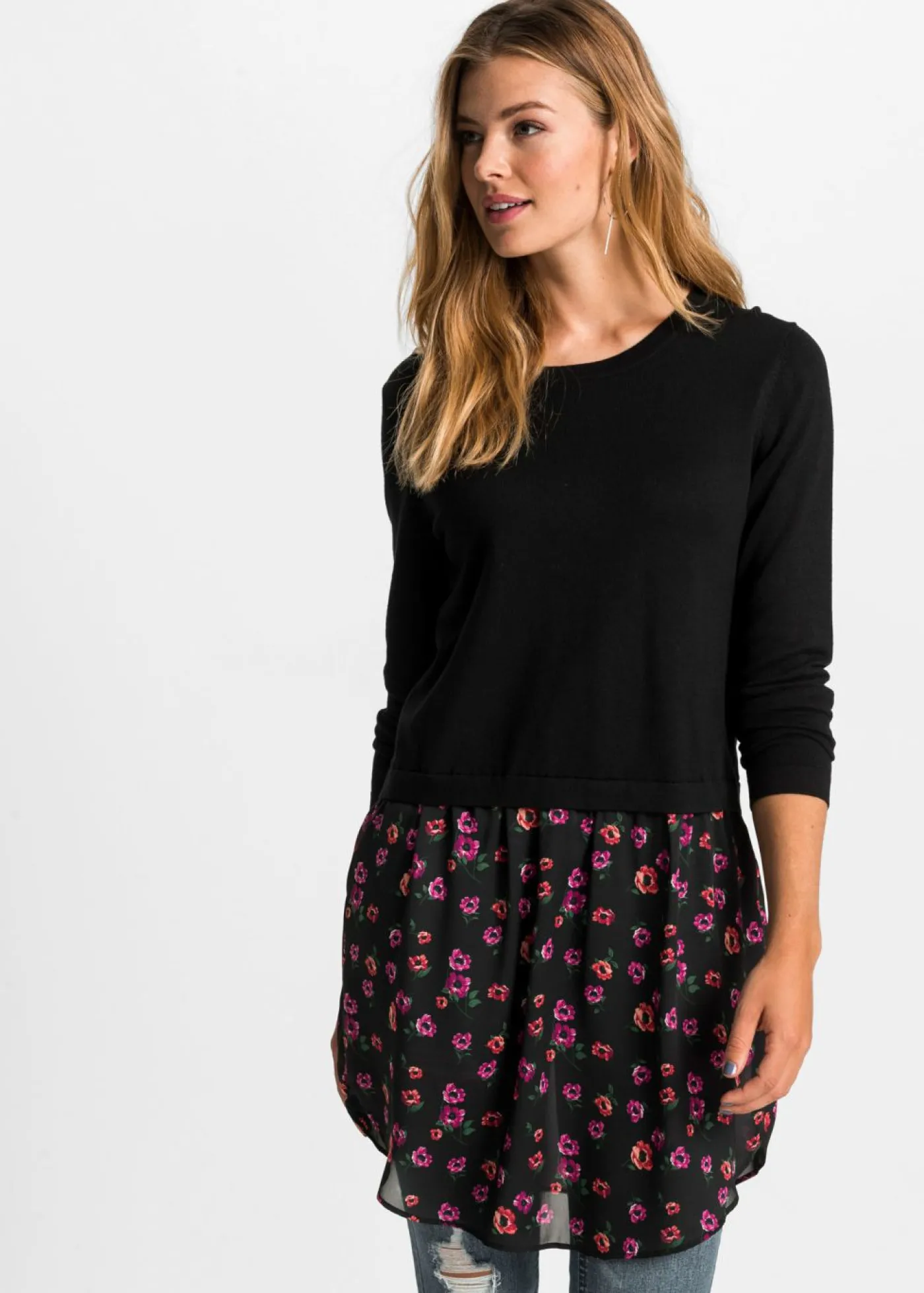 bonprix bonprix Jersey con falda negro/púrpura con flores New
