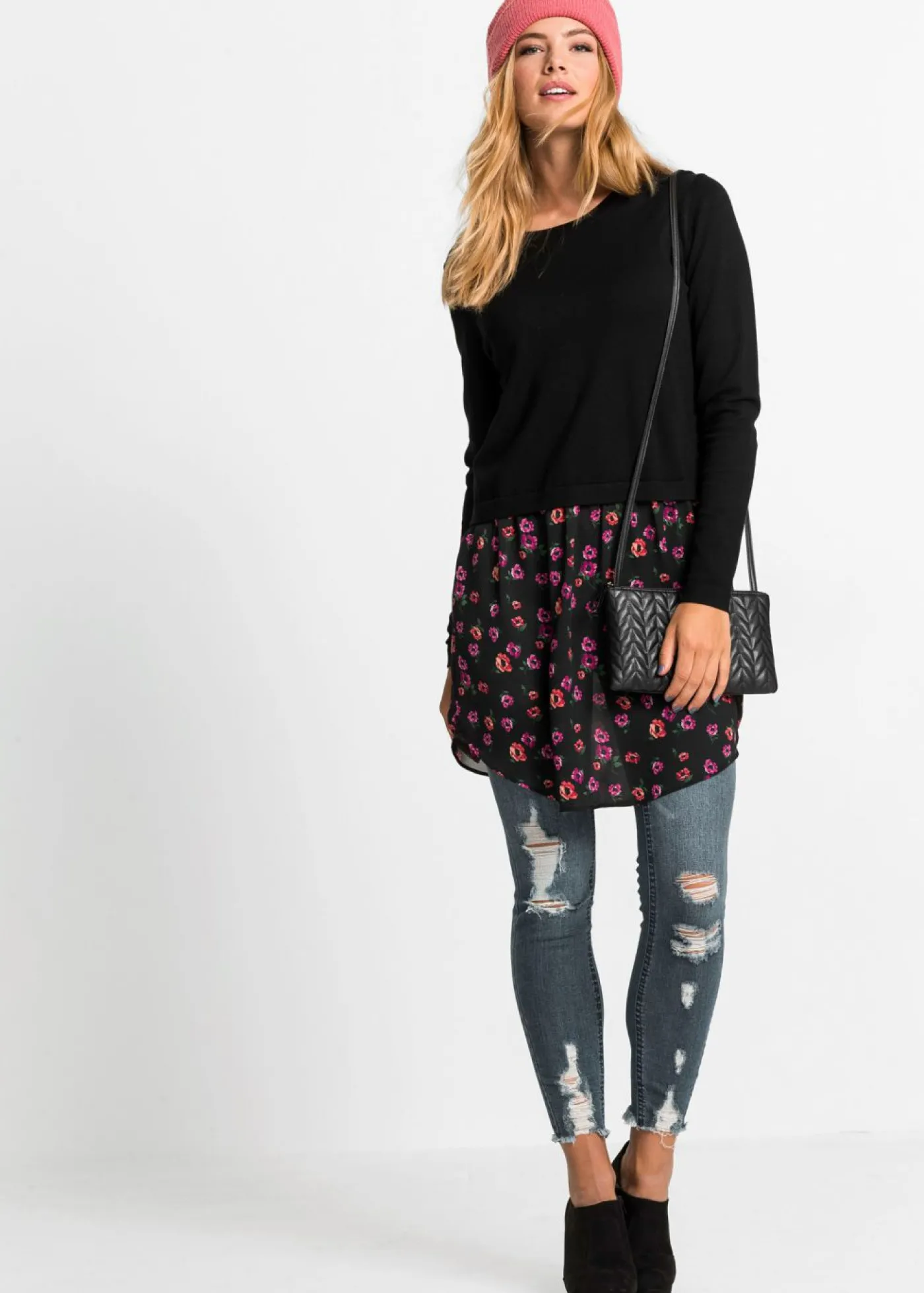 bonprix bonprix Jersey con falda negro/púrpura con flores New