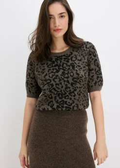 bonprix bonprix Jersey con mangas abullonadas Marrón con estampado de leopardo Discount