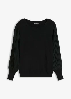 bonprix bonprix Jersey con mangas plisadas de viscosa sostenible Negro