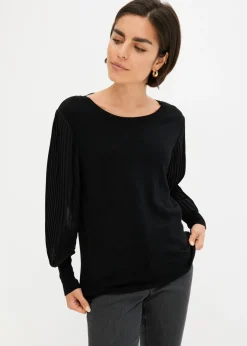 bonprix bonprix Jersey con mangas plisadas de viscosa sostenible Negro
