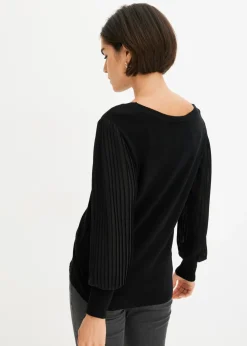 bonprix bonprix Jersey con mangas plisadas de viscosa sostenible Negro