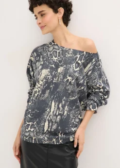 bonprix bonprix Jersey con mangas tipo murciélago y estampado de serpiente Negro + blanco perla Online
