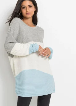 bonprix bonprix Jersey con patrón de canalé gris claro moteado / crema suave / azul glaciar con rayas New