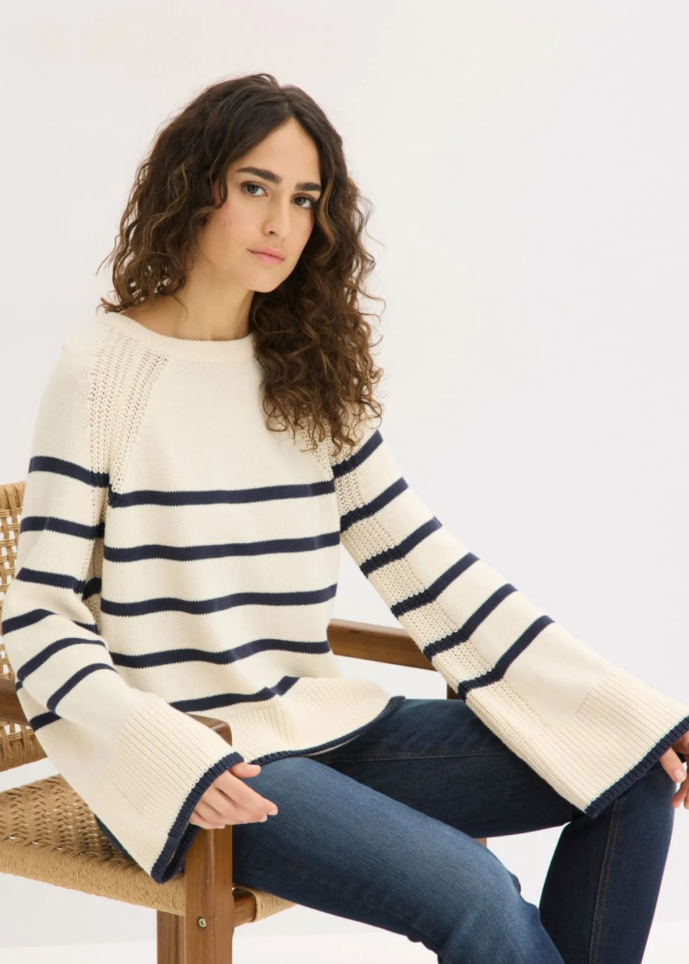 bonprix bonprix Jersey con rayas en contraste Blanco perla/azul marino de rayas Discount