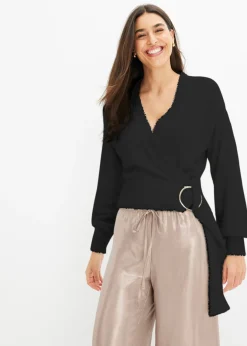 bonprix bonprix Jersey cruzado con accesorio Negro Discount