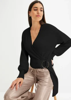 bonprix bonprix Jersey cruzado con accesorio Negro Discount