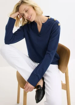 bonprix bonprix Jersey de algodón con detalle de botones Azul marino Sale