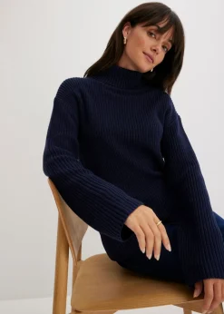 bonprix bonprix Jersey de algodón puro con cuello vuelto Azul marino Discount