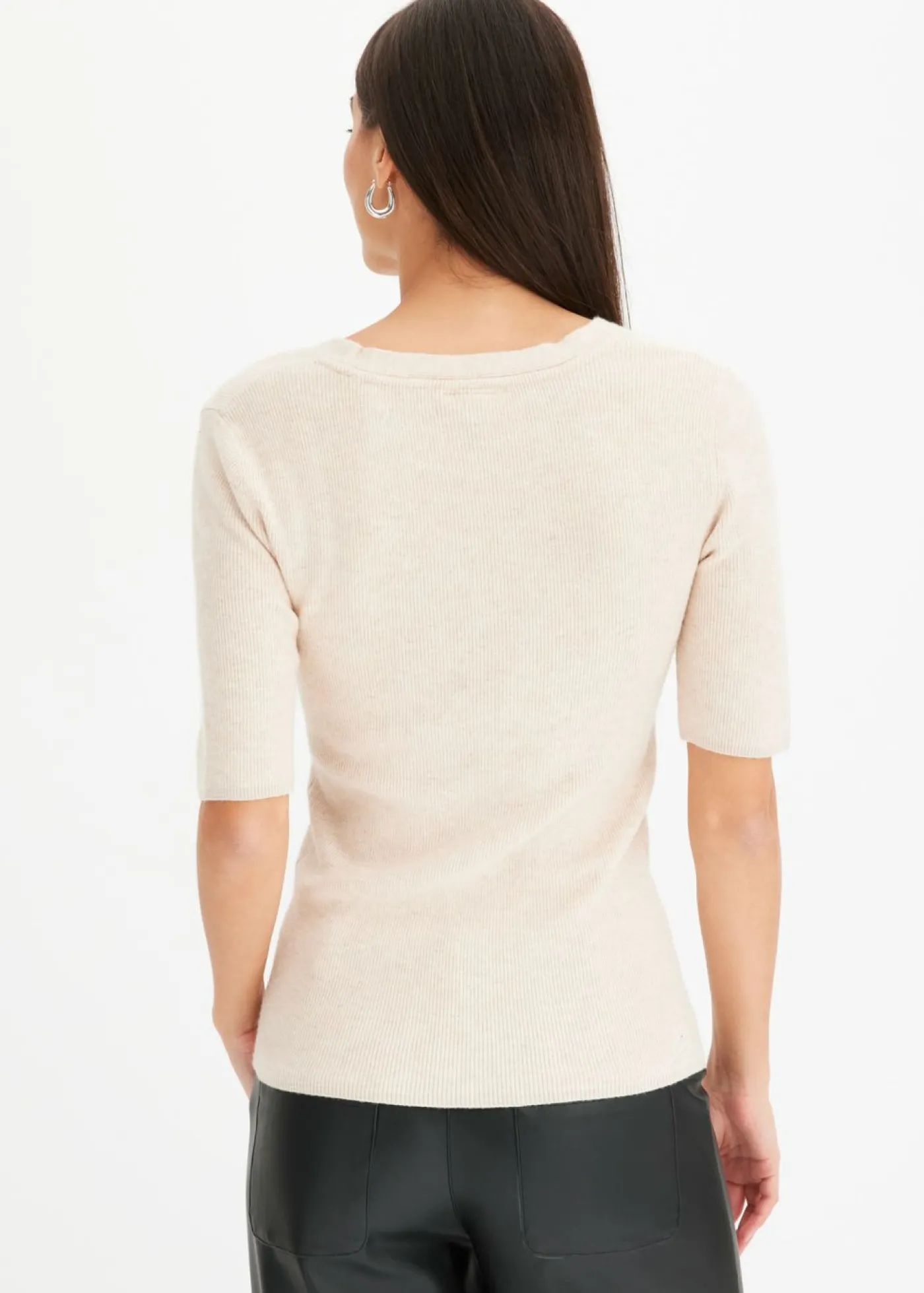 bonprix bonprix Jersey de canalé de manga corta con viscosa Beige Online