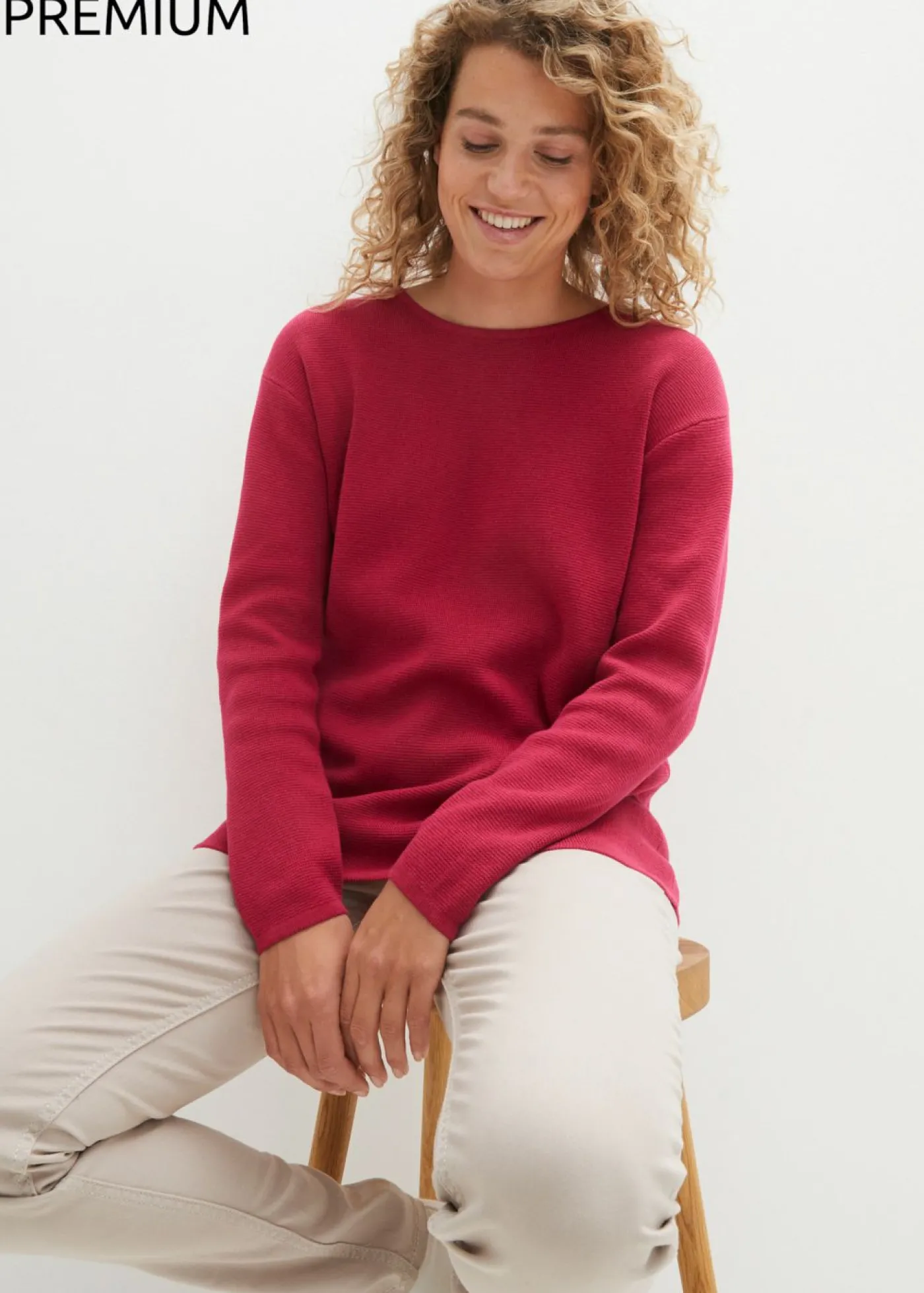 bonprix bonprix Jersey de canalé Milano con cuello redondo Rosa/baya Online