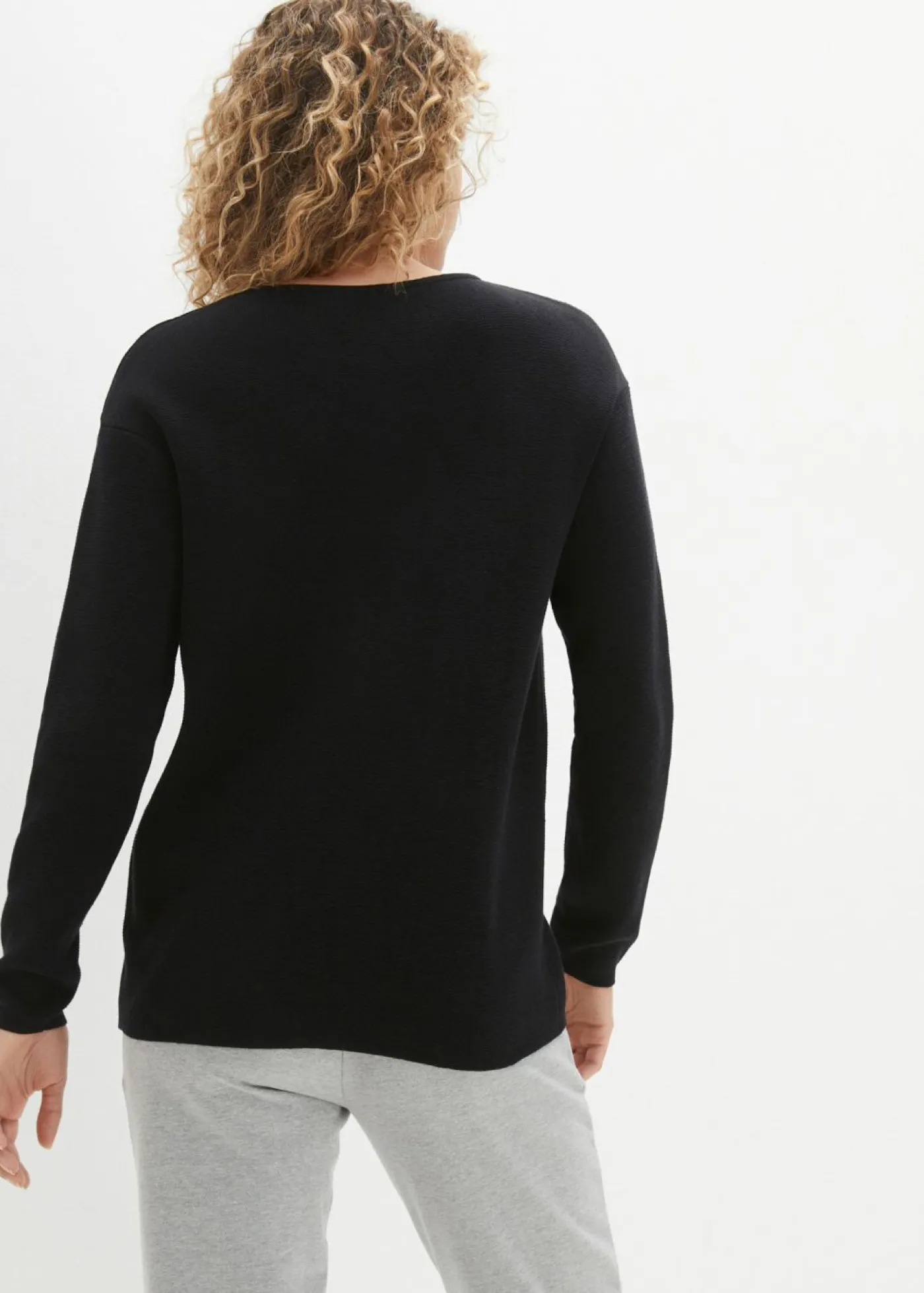 bonprix bonprix Jersey de canalé Milano con cuello redondo Negro Discount