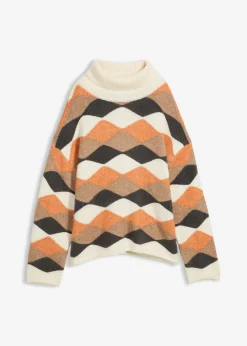 bonprix bonprix Jersey de cuello alto con patrón crudo/camel/cobre/pizarra Sale