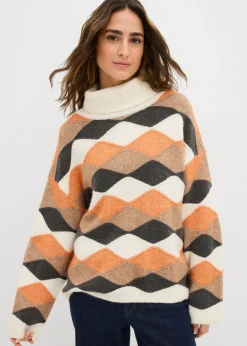 bonprix bonprix Jersey de cuello alto con patrón crudo/camel/cobre/pizarra Sale