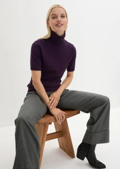bonprix bonprix Jersey de cuello alto y manga corta Lila oscuro Sale