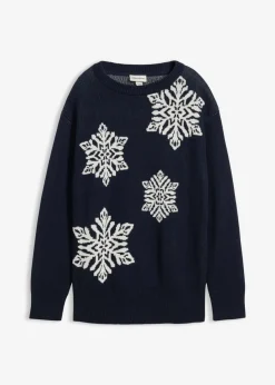 bonprix bonprix Jersey de cuello redondo con copos de nieve Azul marino + blanco lana Best