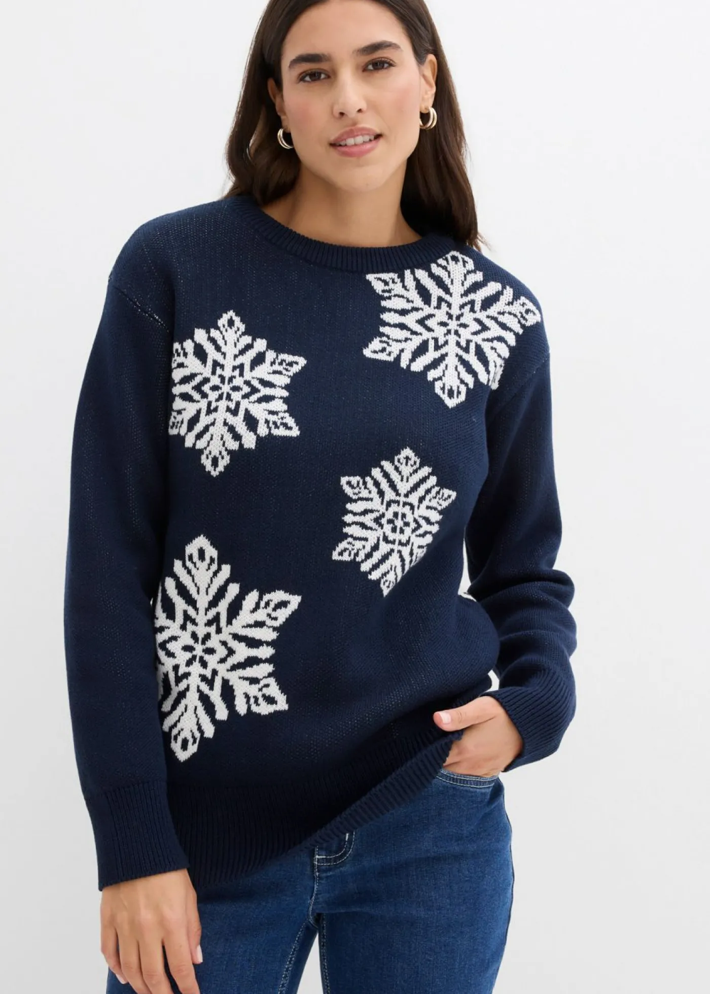 bonprix bonprix Jersey de cuello redondo con copos de nieve Azul marino + blanco lana Best