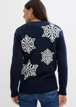 bonprix bonprix Jersey de cuello redondo con copos de nieve Azul marino + blanco lana Best