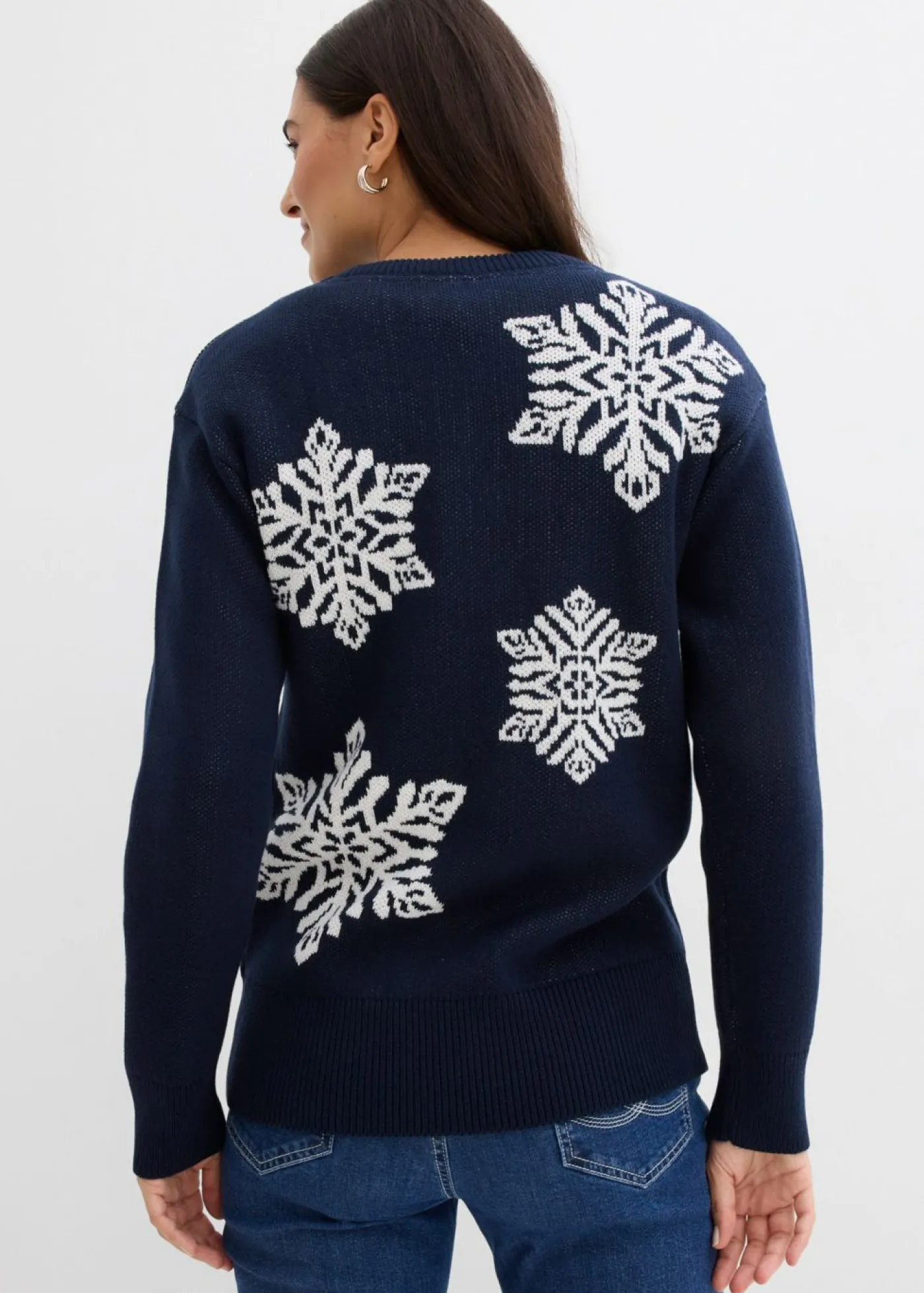 bonprix bonprix Jersey de cuello redondo con copos de nieve Azul marino + blanco lana Best
