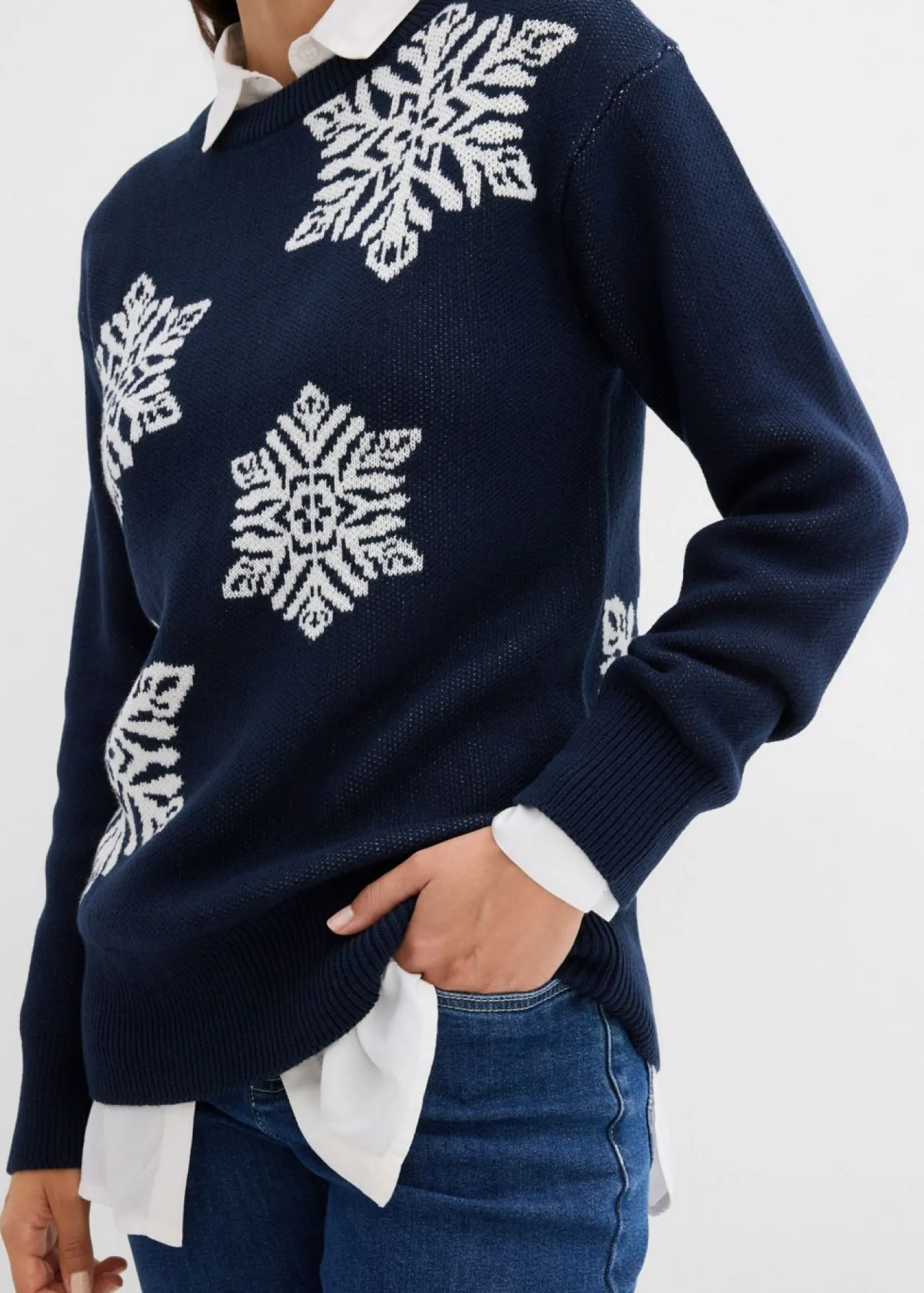 bonprix bonprix Jersey de cuello redondo con copos de nieve Azul marino + blanco lana Best
