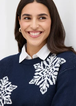 bonprix bonprix Jersey de cuello redondo con copos de nieve Azul marino + blanco lana Best
