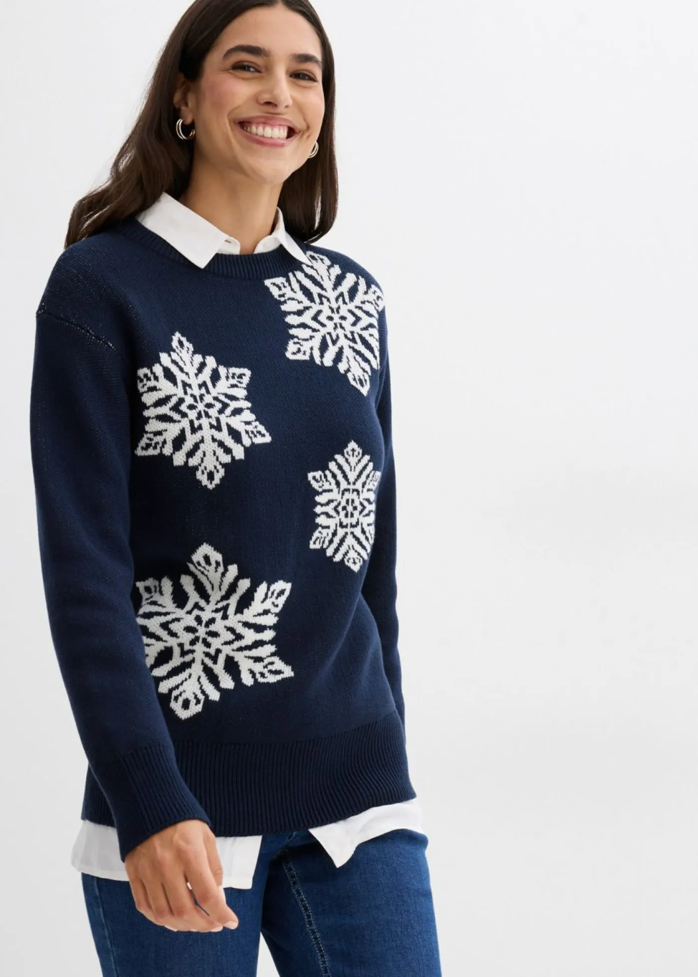 bonprix bonprix Jersey de cuello redondo con copos de nieve Azul marino + blanco lana Best