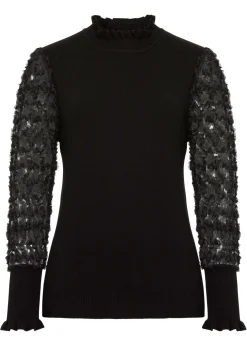 bonprix bonprix Jersey de cuello vuelto con mangas decorativas de gasa Negro Clearance