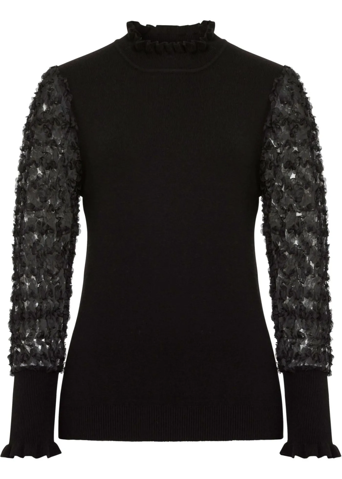 bonprix bonprix Jersey de cuello vuelto con mangas decorativas de gasa Negro Clearance