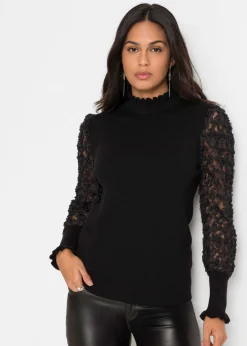bonprix bonprix Jersey de cuello vuelto con mangas decorativas de gasa Negro Clearance