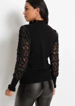 bonprix bonprix Jersey de cuello vuelto con mangas decorativas de gasa Negro Clearance