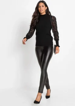 bonprix bonprix Jersey de cuello vuelto con mangas decorativas de gasa Negro Clearance