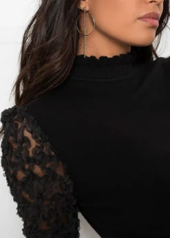 bonprix bonprix Jersey de cuello vuelto con mangas decorativas de gasa Negro Clearance