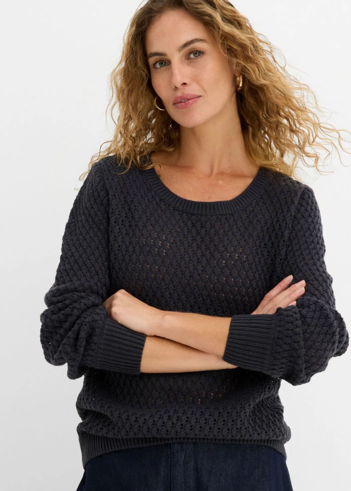 bonprix bonprix Jersey de mezcla de algodón con punto estructurado Azul oscuro Sale