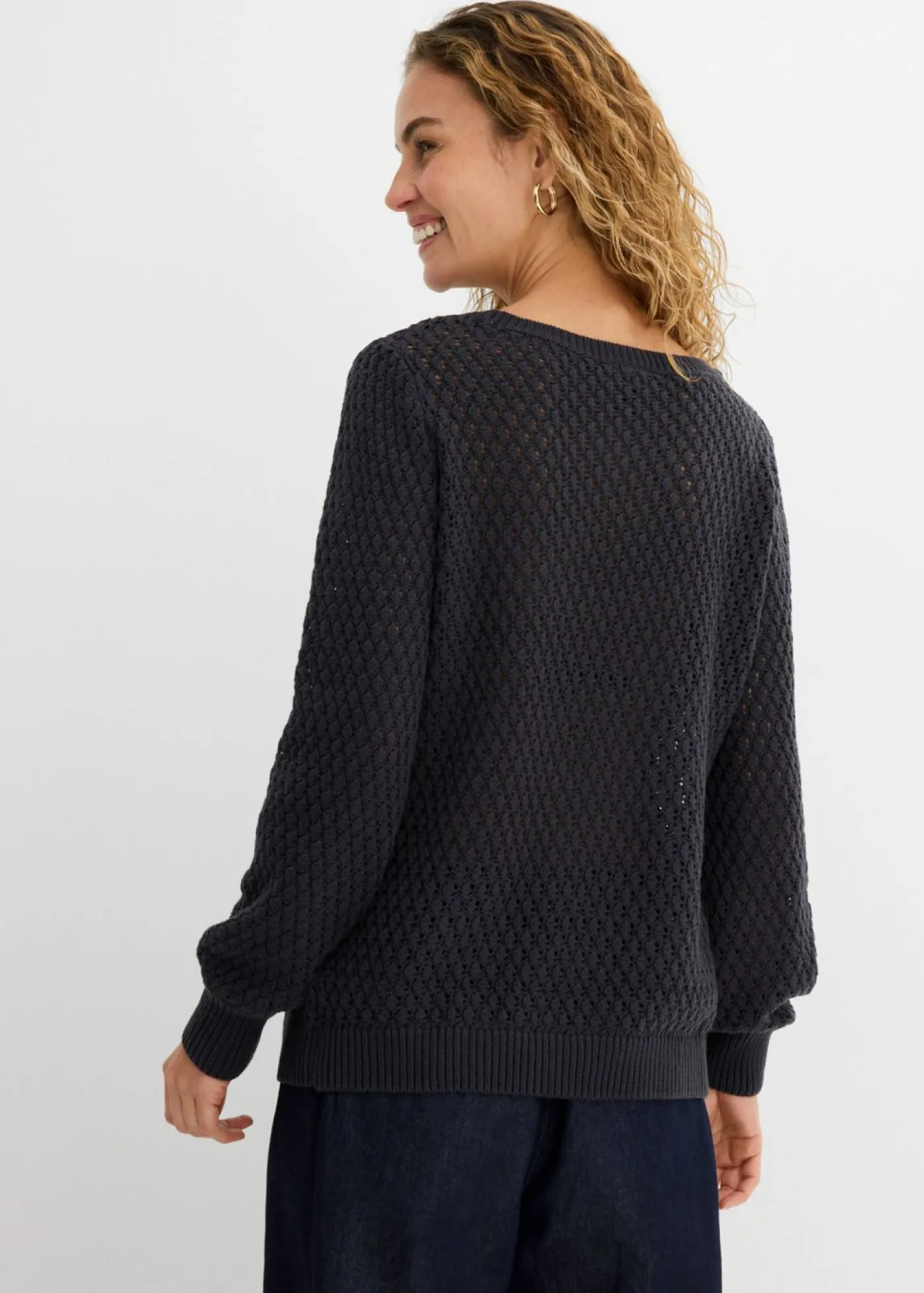 bonprix bonprix Jersey de mezcla de algodón con punto estructurado Azul oscuro Sale
