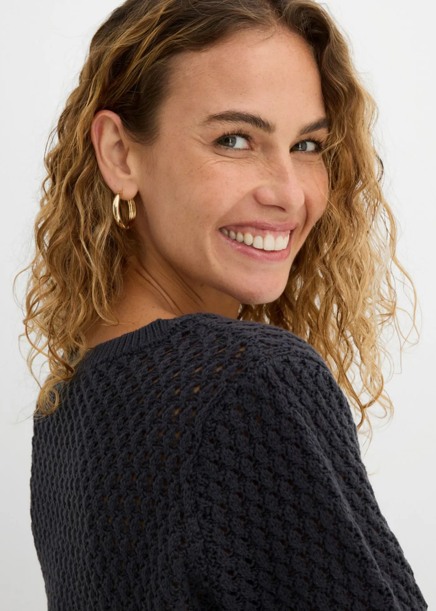 bonprix bonprix Jersey de mezcla de algodón con punto estructurado Azul oscuro Sale