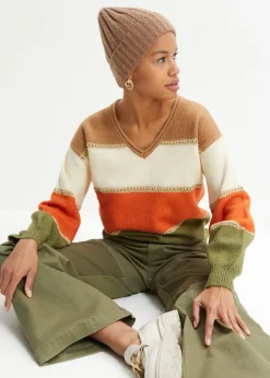 bonprix bonprix Jersey de punto Camel-marfil-naranja cobrizo-verde lodo de rayas Clearance