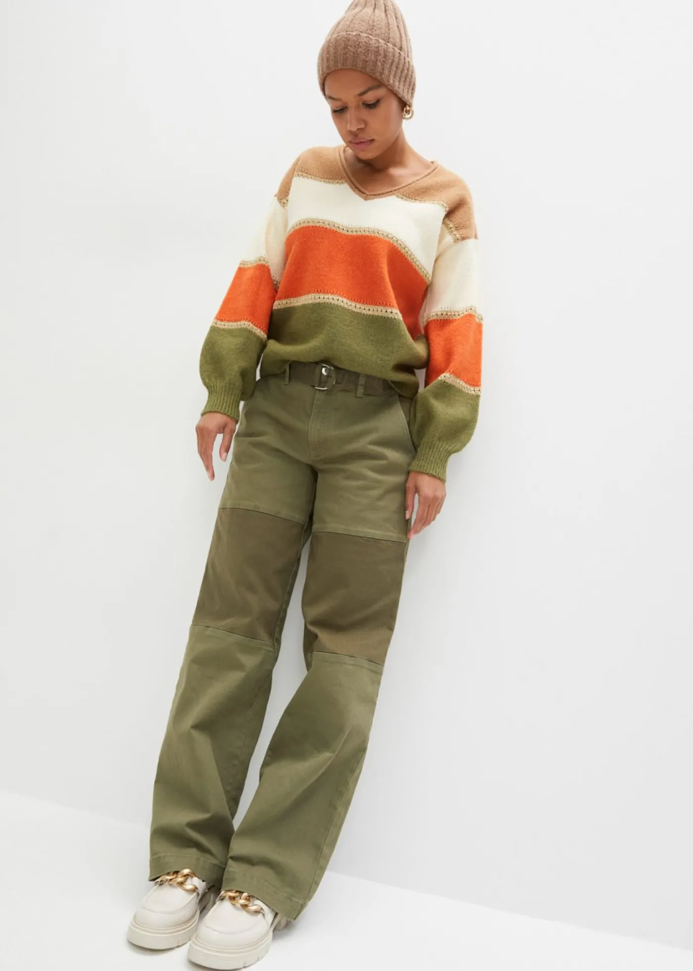 bonprix bonprix Jersey de punto Camel-marfil-naranja cobrizo-verde lodo de rayas Clearance