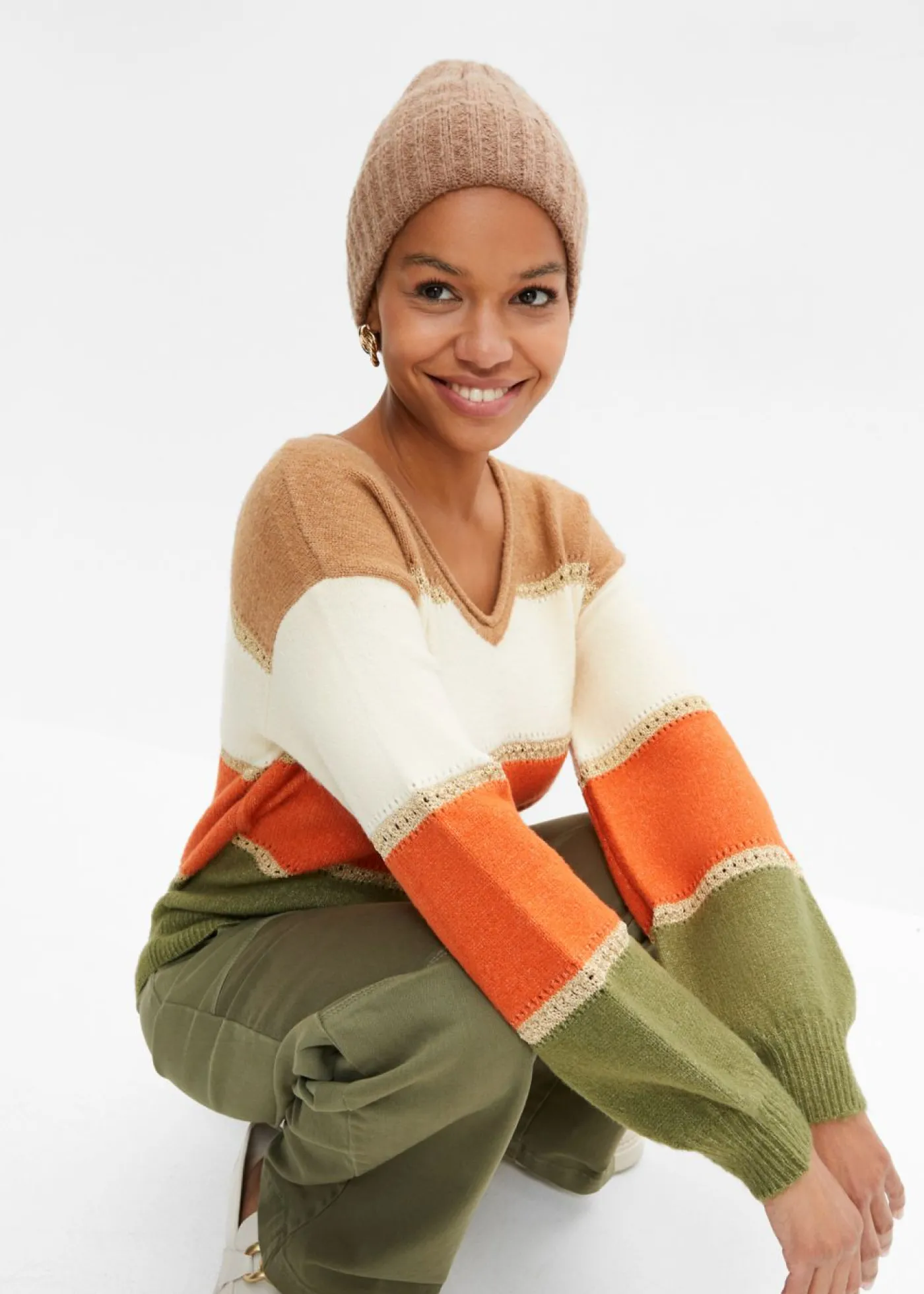 bonprix bonprix Jersey de punto Camel-marfil-naranja cobrizo-verde lodo de rayas Clearance