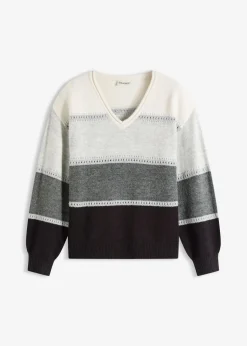 bonprix bonprix Jersey de punto Negro/antracita jaspeado/gris claro jaspeado/blanco lana de rayas Discount