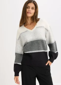 bonprix bonprix Jersey de punto Negro/antracita jaspeado/gris claro jaspeado/blanco lana de rayas Discount