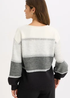 bonprix bonprix Jersey de punto Negro/antracita jaspeado/gris claro jaspeado/blanco lana de rayas Discount