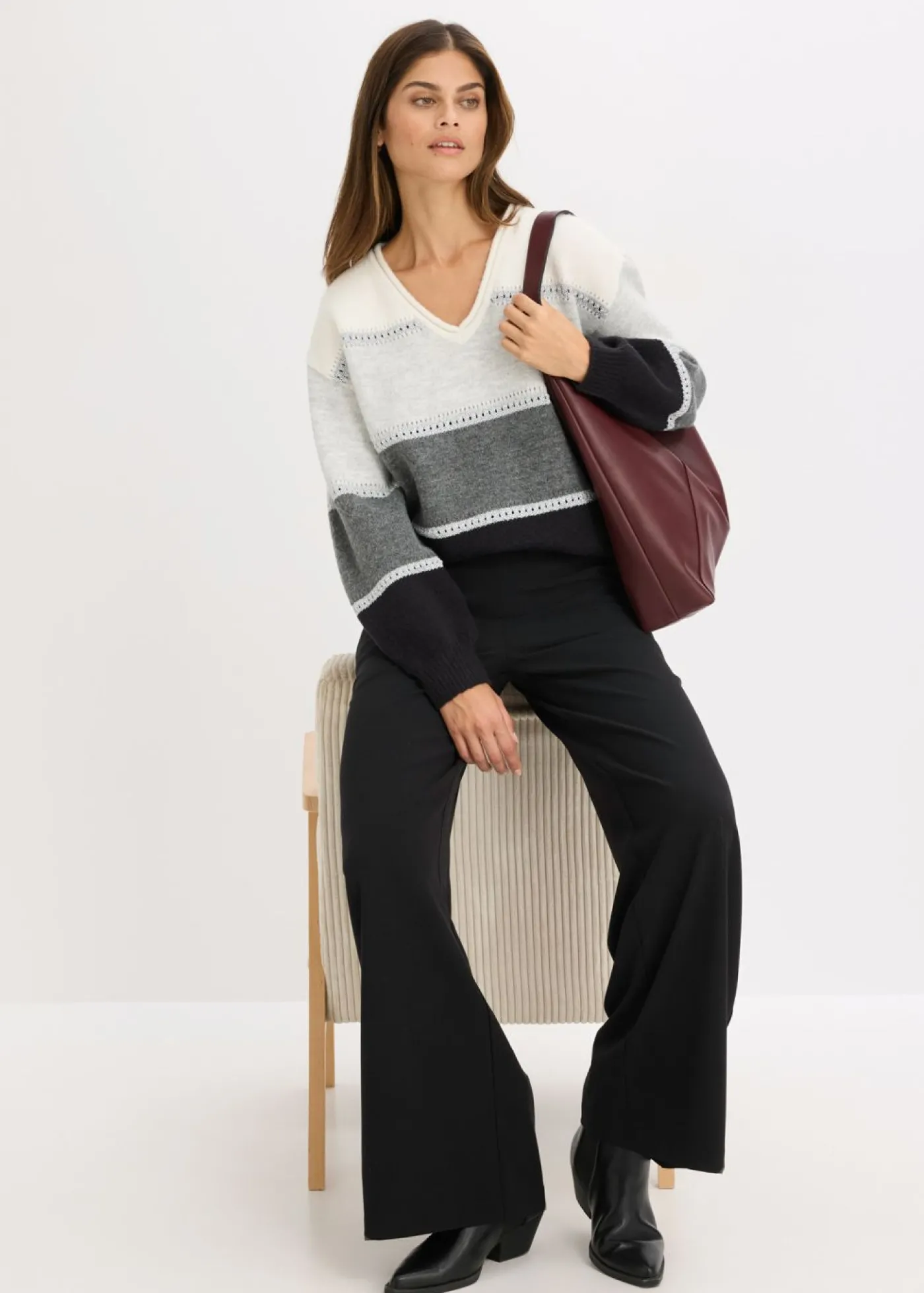 bonprix bonprix Jersey de punto Negro/antracita jaspeado/gris claro jaspeado/blanco lana de rayas Discount