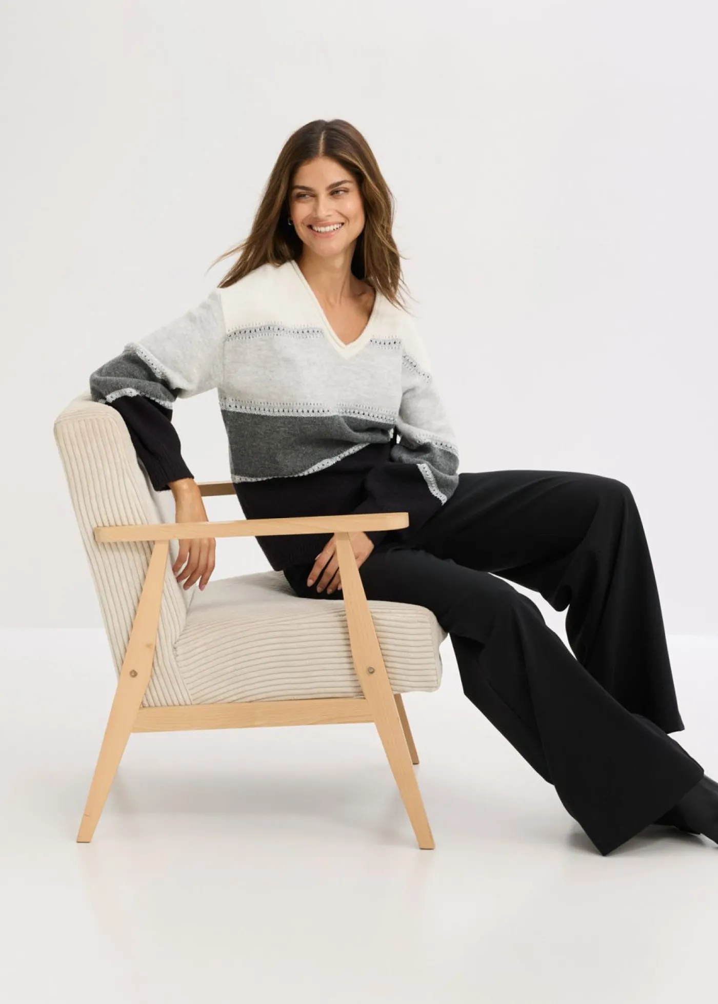 bonprix bonprix Jersey de punto Negro/antracita jaspeado/gris claro jaspeado/blanco lana de rayas Discount