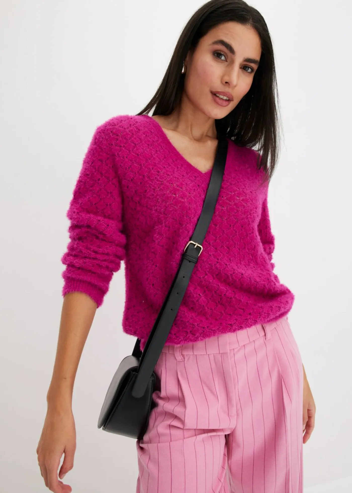 bonprix bonprix Jersey de punto ajour con hilo suave Rosa fucsia Hot