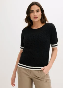 bonprix bonprix Jersey de punto ajour con hilo suave Negro-blanco lana Best